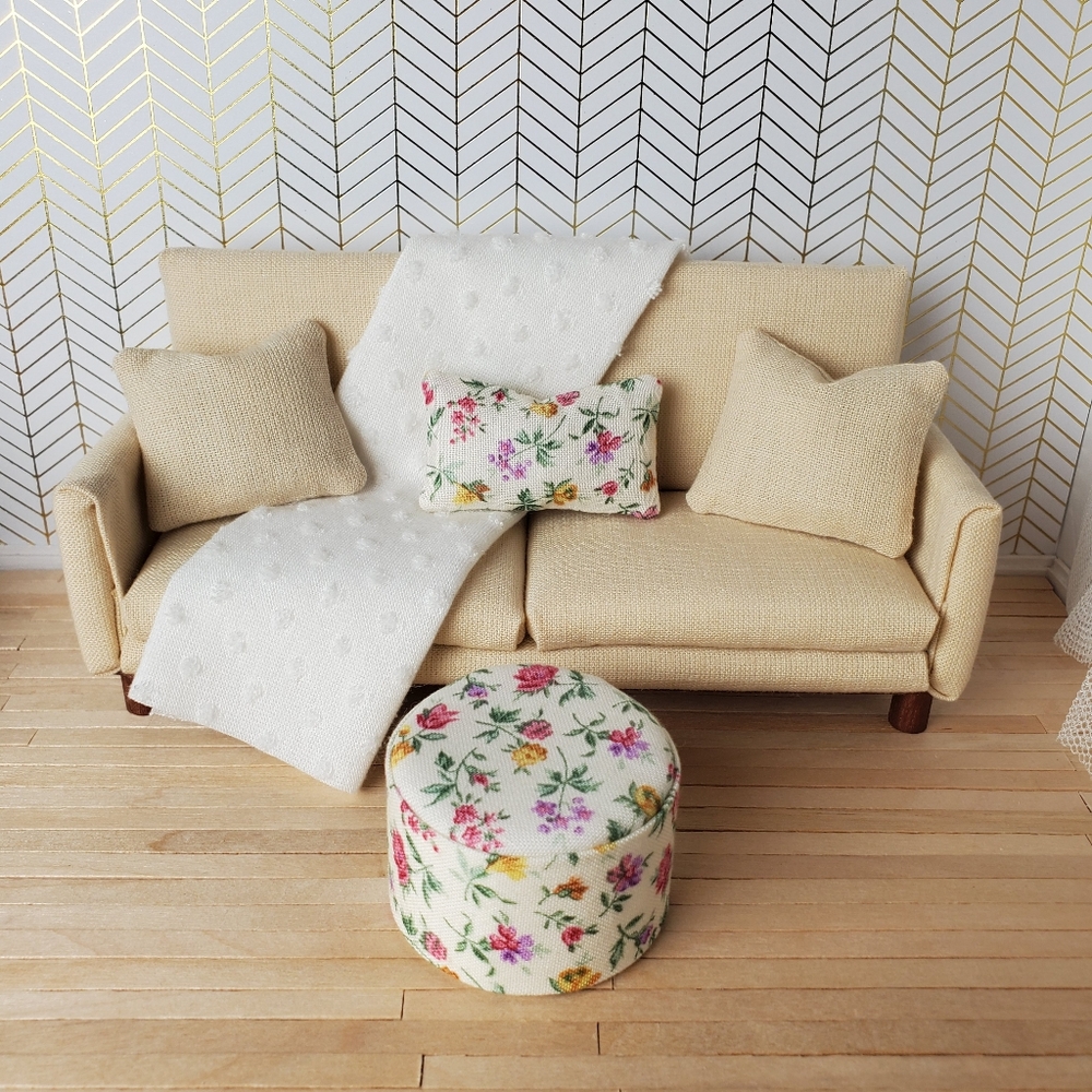 Miniature Dollhouse Beige Sofa Ottoman Set 1:12 Scale